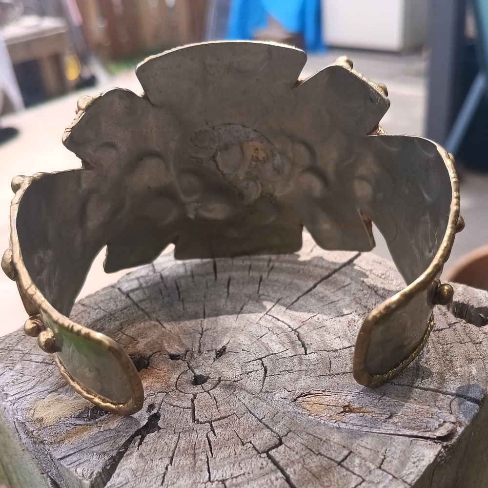 Vtg Mixed Metals Silver Tone Brass Copper Natural Stone Brutalist Cuff Bracelet - Picture 3 of 5